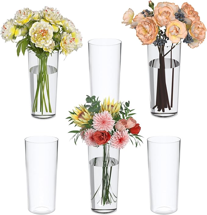 Sadstory Clear Tall Cylinder Flower Vase, Clear Acrylic Table Vase for Centerpieces, 6 Packs