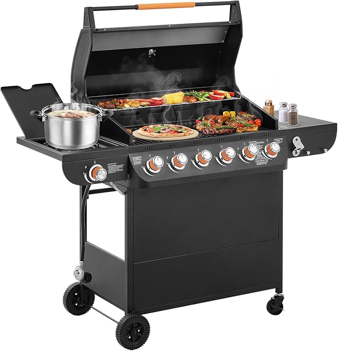 Lyromix 6 Burner Propane Gas Grill with Side Burner, Gas BBQ Grills With Porcelain-Enameled Cast Iron Grates and Bottle Opener, Grill for Outdoor Cooking, Patios, Backyards, 72000BTU