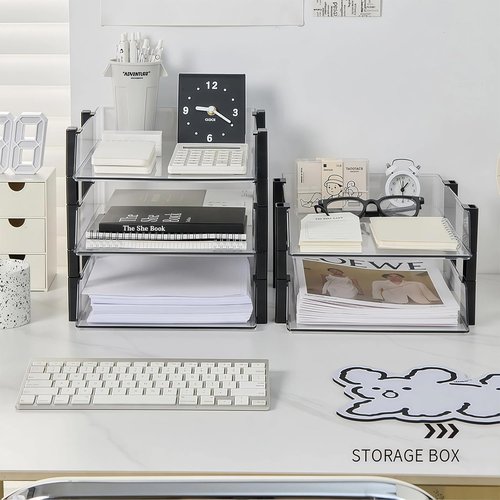 Clear 2-Tier Stackable Paper Tray Organizer - Transparent Desktop Document Sorter for A4/Letter Files