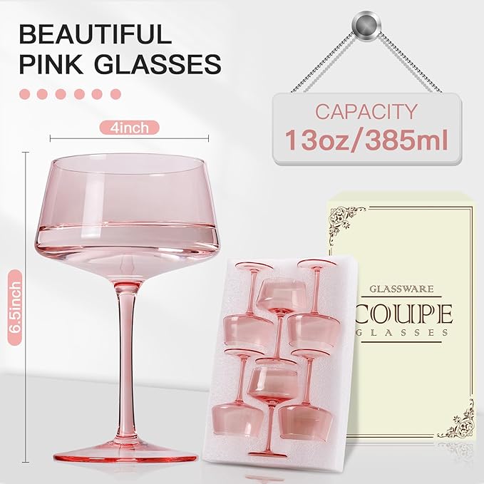 JOVGANK Pink Martini Glasses Set of 6 – 13oz Lead-Free Crystal Glass, Hand-Blown Classic Champagne & Cocktail Luxury Cups, Elegant Glassware for Party Home Bar Wedding Gift for Ice Cream Dessert