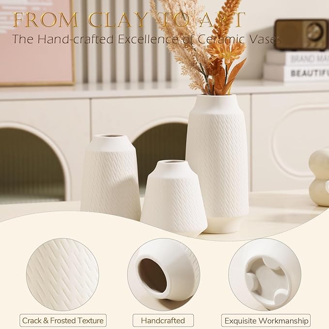 Ceramic Vase Set of 3 - Handcrafted Ceramic Vases for Home Decor & Shelf - Modern Farmhouse Decor for Kitchen, Office, Bedroom & Living Room Decorative Objects for Mantel, Table Centerpieces