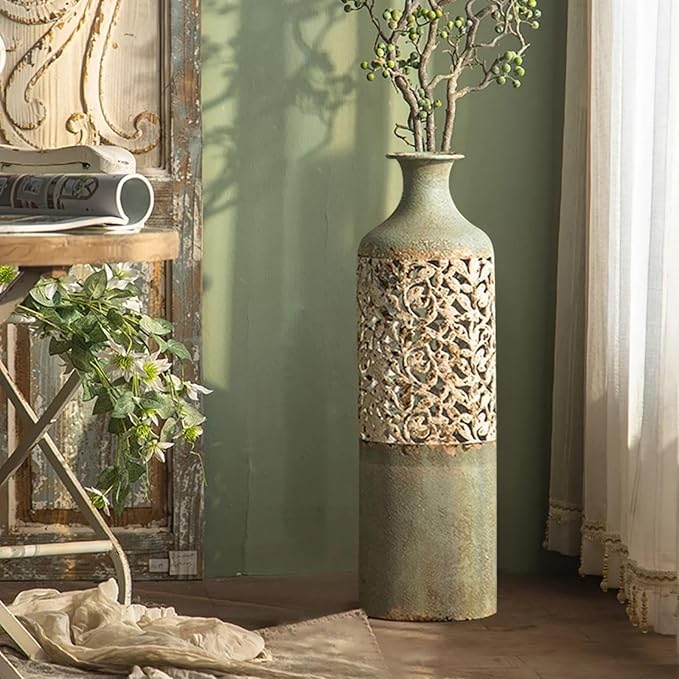 20.3″ Tall Metal Floor Vase – French Country Green & White Geometric Iron Cylinder Decorative Vase for Living Room • Entryway • Hallway (Rustic Romantic Accent & Dried/Faux Flowers)