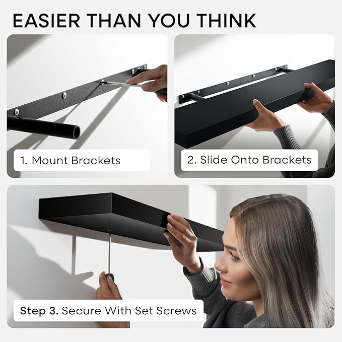 Homeforia Black Floating Shelves 24 inch, High End Solid Real Wood 24inch Bathroom Floating Shelf for Wall Mounted, Black Wooden 24in Floating Shelves, Heavy Duty Bracket, 24 X 6.5 X 1.75 in, Set of 3