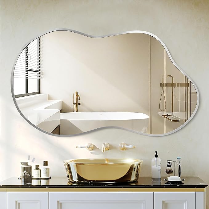 Dorlicecass Bathroom Mirror - Silver Irregular Wall Mirrors Decorative 26"x46" Asymmetrical Tempered Glass Aviation Aluminum Alloy Frame for Vanity, Bedroom, Living Room, Cloakroom, Entryway