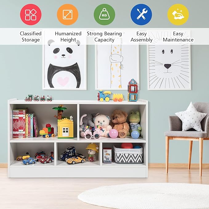 KOTEK Toy Storage Organizer, 5 Cubby Kids Bookshelf, Wooden 3-Tier Bookcase Storage Cabinet, Open Display Book Shelf for Daycare, Nursery, School Classroom, Living Room & Bedroom (White, 5 Cubes)