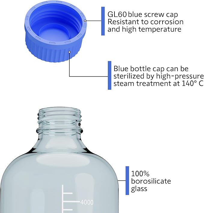 5000ML Storage Glass Bottles – 1pc Round Media Storage Bottle – Borosilicate Glass Bottles – Safe Probe Storage Glass Storage Bottles with GL60 Blue Screw Cap (5000ml - 1pc)