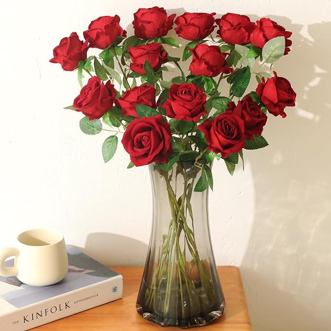 15Pcs Pearl Red Roses Artificial Flowers Fake Roses Long Stem Velet Rose Silk Flowers for Home Wedding Decoration (Pearl Roses,Deep Red)
