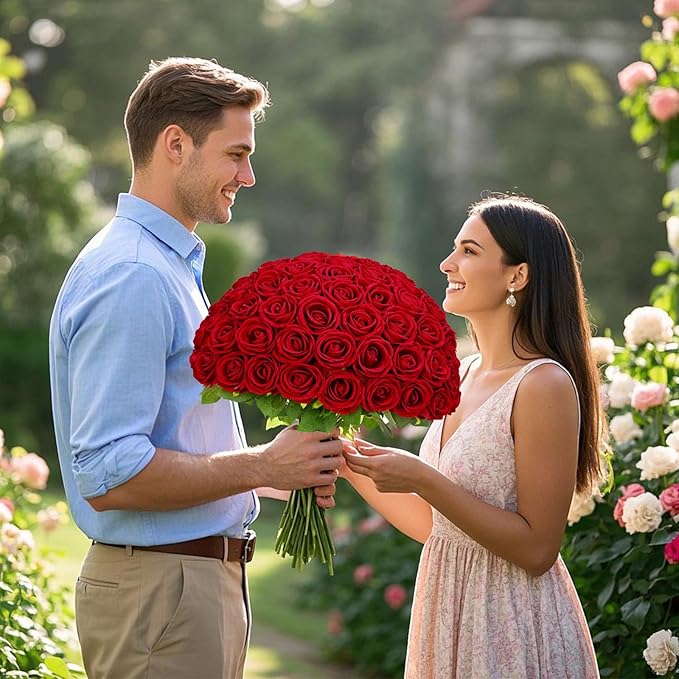 Waipfaru Red Roses Artificial Flowers Bulk, Real Touch Velvet Roses with Wrapping Paper, 50 Pcs Fake Flowers for Wedding Centerpieces Bridal Bouquet Valentines Mothers Day Decor