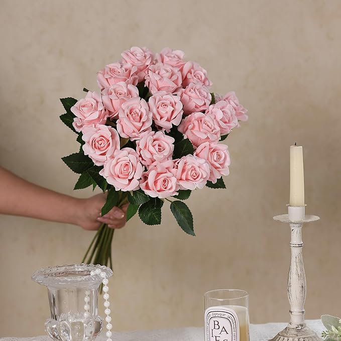 FOTEEWL 60 Pcs Artificial Rose Flower Realistic Faux Silk Roses Stem Fake Roses Bouquet for Flower Arrangement,Wedding Centerpieces,Party,Home Decorations (Pink)