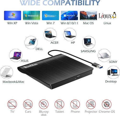 Rioddas External CD/DVD Drive - USB 3.0 Portable Burner & Reader for Laptop/Desktop | Compatible with Windows & Mac