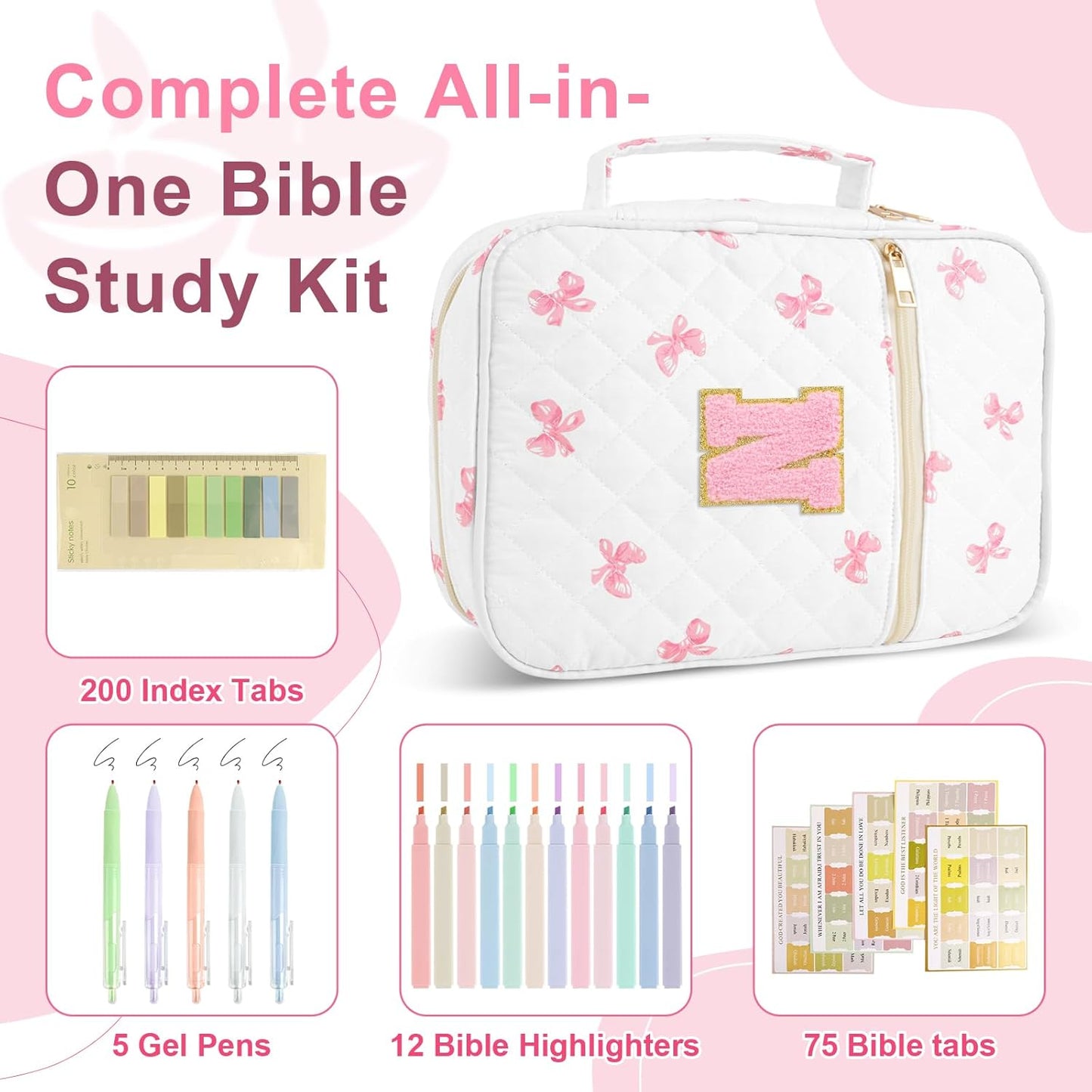 Skiennix Personalized Initial Bible Cover - Stylish Quilted Case with Handle for Women & Girls | Pink Bow-N