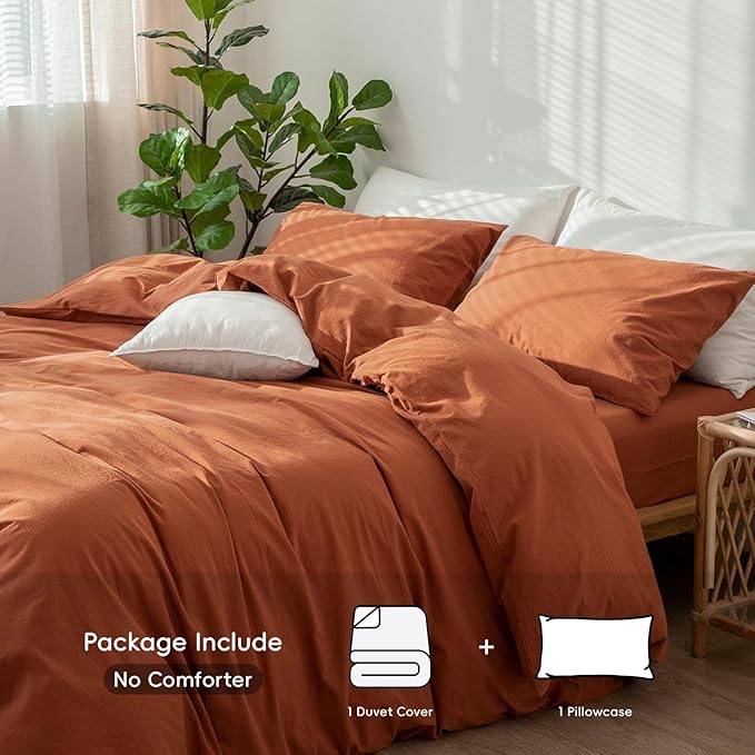 MooMee Bedding Duvet Cover Set 100% Washed Cotton Linen Like Textured Breathable Durable Soft Comfy (Solid Rust Brown, Twin 68"x90")