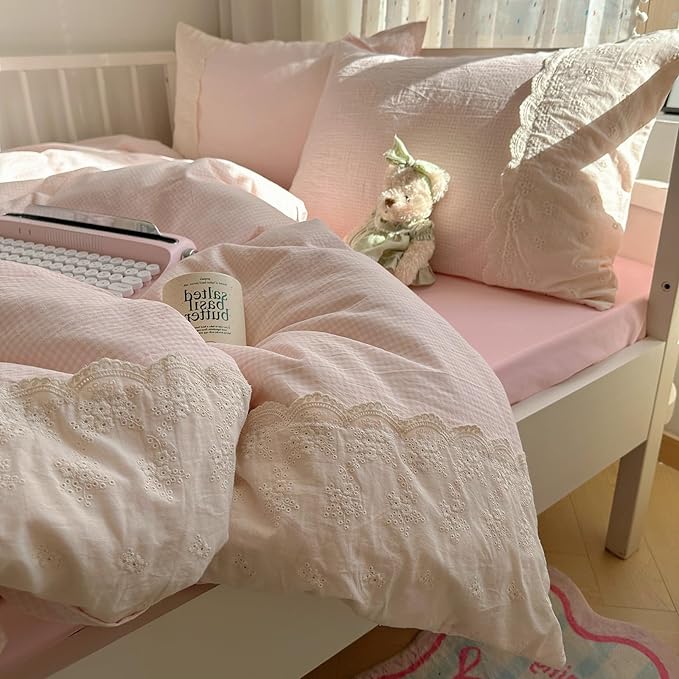 VM VOUGEMARKET Pink Full Comforter Set 3 Pieces Romantic Lace Bedding Set Simple Cozy Plaid Gingham Comforter/Quilt for Teen Girls Students