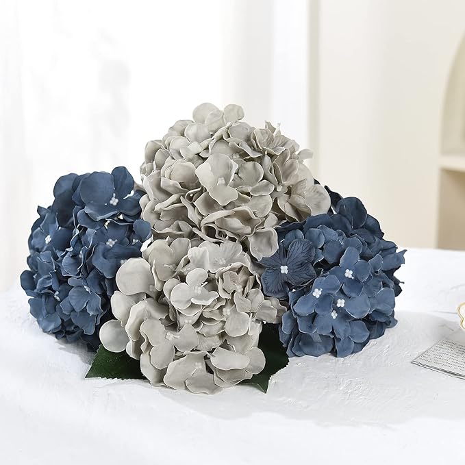 10PCS Artificial Hydrangea Flowers, Fake Hydrangea Silk Flowers Heads with Stems for Wedding Home Party Shop Baby Shower Decoration-Bluish Grey