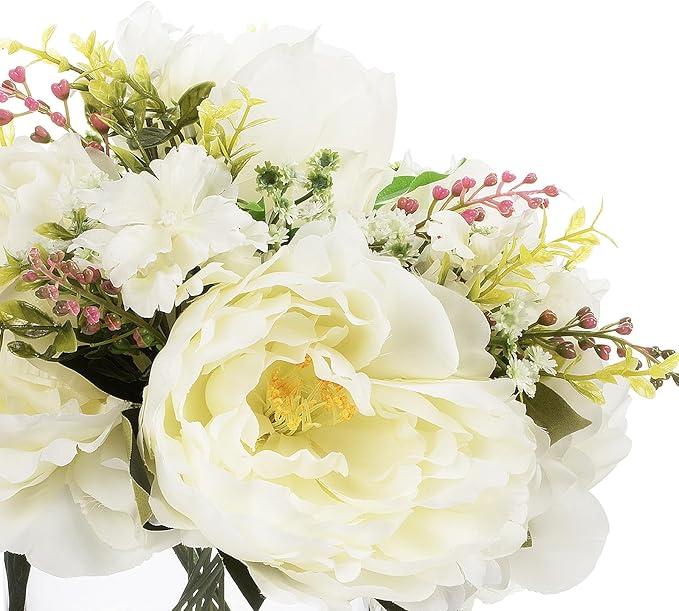 ENOVA FLORAL Artificial Silk Flower Arrangement with Vase,Mixed Artificial Silk Peony Flower in Vase for Decoration Home Office, Wedding Centerpiece (Cream)