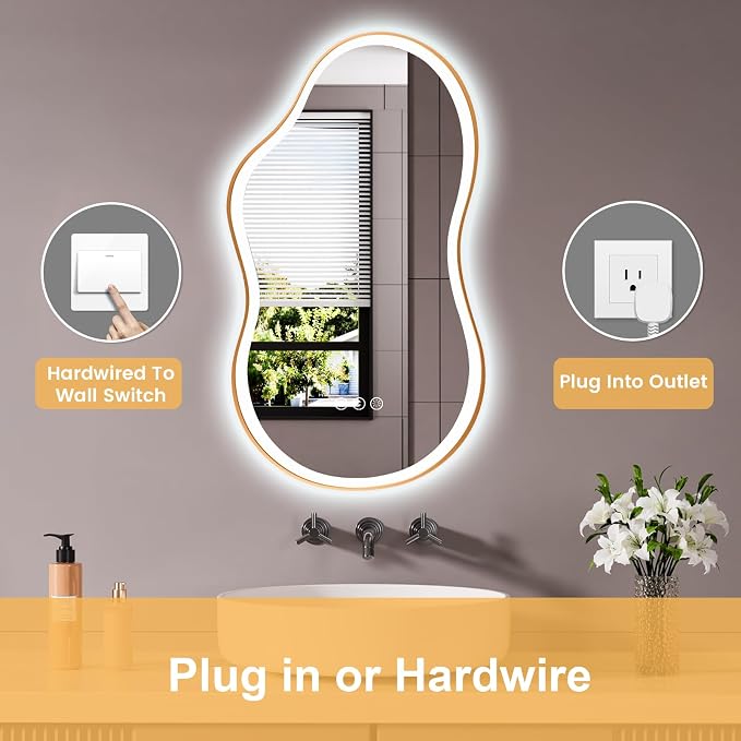WTTY LED Irregular Bathroom Mirror 26x46 Inch with Front & Back Lights - Asymmetrical Design, Anti-Fog, Dimmable 3 Color Temperatures, Shatterproof Glass, Horizontal or Vertical Mount (Gold Frame)