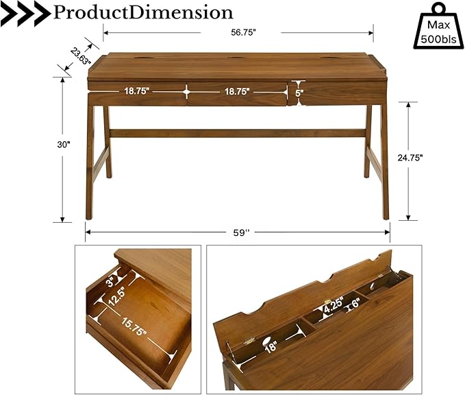 HNY 59 Inches Walnut Wooden Writing Desk with 3 Drawers, Computer Study Table with MDF Top, Solid Rubberwood Legs and Hidden Cable Management Holes, Corner Makeup Vanity Desk for Home Office, Bedroom