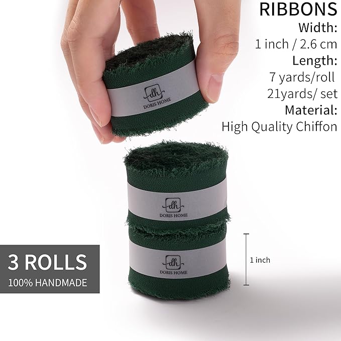 DORIS HOME Dark Green Chiffon Ribbon for Flower Bouquet, 1" x21Yd Fabric Ribbon for Gift Wrapping, Handmade Frayed Ribbon for Wedding Invitations/Christmas Decorations