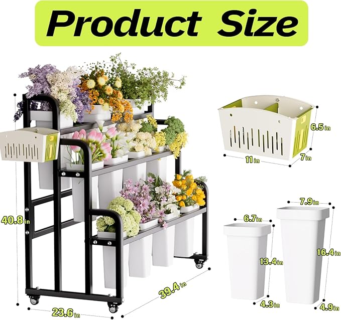 Heavy Duty 3-Layer Metal Flower Display Stand, 11-Bucket Flower Bar with Tool Basket, Thickened Frame & 360° Swivel Wheels, Flower Cart for Patio, Garden, Florist, Wedding & Party (Black)
