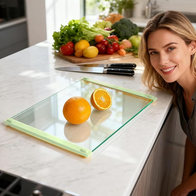 2PCS Glass Cutting Board with Silicone Grip, 80% Stronger Shatter Resistance and Slip Resistance,No Scratches/Microplastic-Free,Dishwasher Safe, Non Toxic Chopping Board for Kitchen (Green)