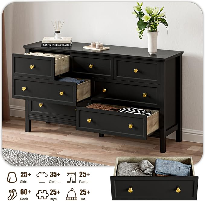 Black Dresser for Bedroom with Gold Handle Modern 7 Drawer Dresser, Wood Chest of Drawer Closet Clothes Storage Organizer for Living Room, Hallway, TV Stand, 55 Inch