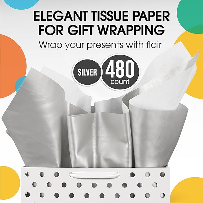 Party Solids Silver Tissue Paper for Gift Bags - 20" X 30" Bulk Tissue Paper Silver 480 Sheets - 10lb Newsprint for Packing, Birthday Gift Box Filler, Packing Supplies for Moving Supplies