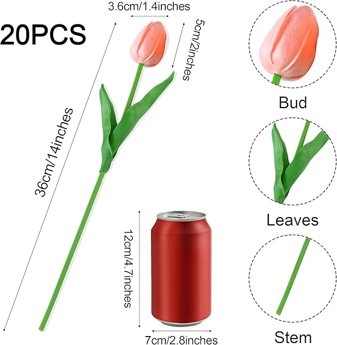 20pcs Pink Tulips Artificial Flowers Fake Silk Tulips Real Touch Flowers for Spring Kitchen Wedding Home Decor Arrangements Easter Decor 14 Inch