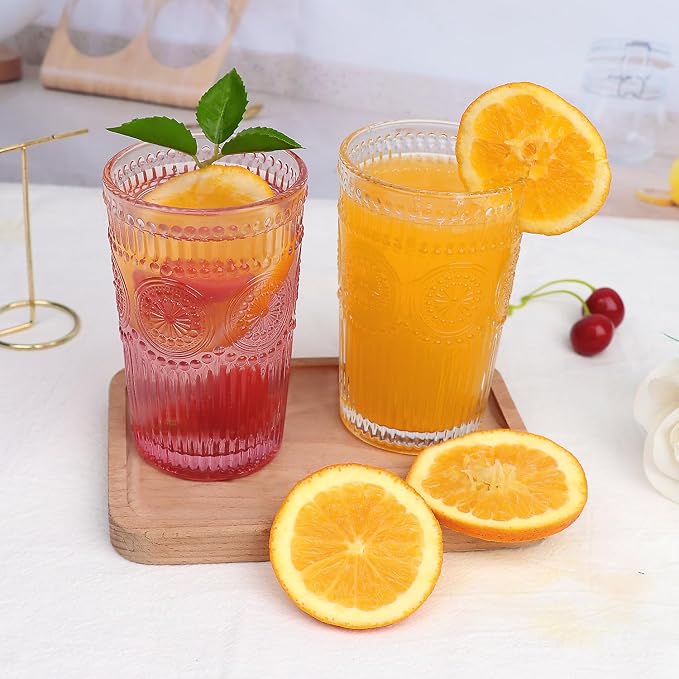 Loivttvv 6pcs Vintage Drinking Glasses Set, 12 oz Pink Highball Glasses, Embossed Ribbed Glassware Cups for Cocktail, Water, Juice, Coffee, Whiskey
