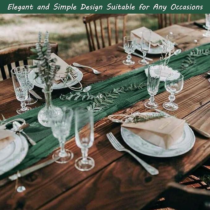 12 Pack 10Ft Cheesecloth Table Runner 35x120 Inch Boho Gauze Table Runner Rustic Cheese Cloth Long Romantic Table Runners for Wedding Bridal Shower Birthday Party Table Decor (Dark Green)