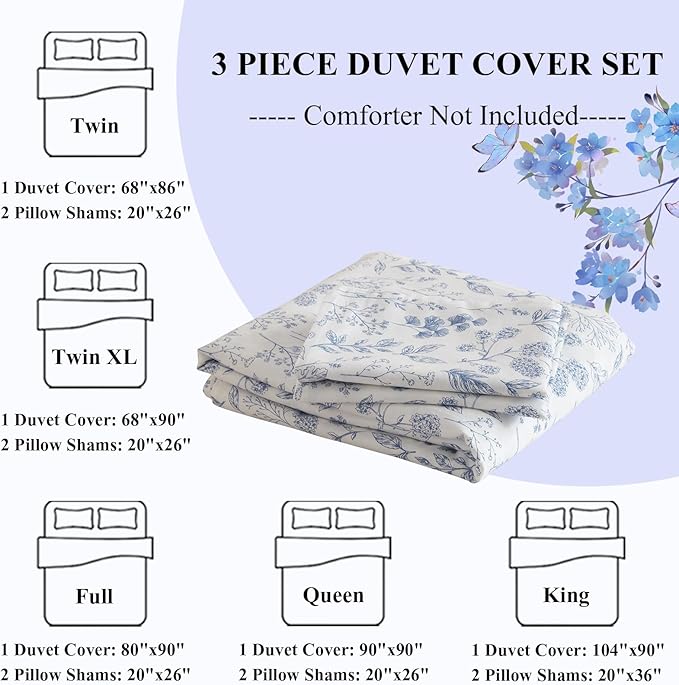 LifeTB Boho Floral Duvet Cover King Soft Cotton Blue Floral Bedding Sets Vintage Style Chic Flower Botanical Comforter Cover Aesthetic Floral Bedding Sets Cotton King Duvet Cover with Zipper Closure