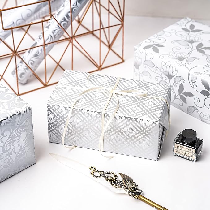 LeZakaa Silver Wrapping Paper Roll, Elegant Metallic Foil Gift Wrap with Floral and Plaid Pattern for Wedding, Anniversary, Birthday, Mothers Day, Bridal Shower, Christmas, 17 x 120 inches, Mini Roll