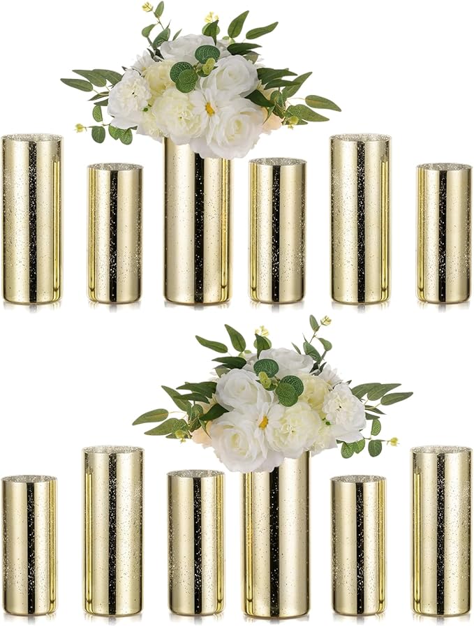 Glass Cylinder Vases Set of 12, Hewory Glittery Gold Vase for Centerpieces, Glass Hurricane Candle Holders for Pillar Floating Candle, Tall Round Vase for Wedding Anniversary Events Home Table Decor