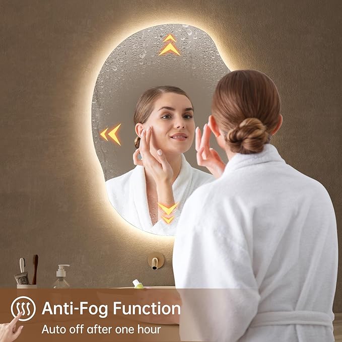 LOVESPEJO Irregular Backlit Mirror Bathroom 25x35 Inch, Asymmetrical LED Bathroom Mirror with Lights, Fogless, Dimmable, 3 Color Changing, Horizontal/Vertical