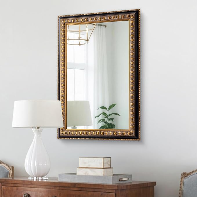 Vintage Mirror for Wall, 36" L x 24" W Baroque Mirror with Carved Wood Frame and Handmade Aged Gold Finish, Horizontal/Vertical Hanging, Rectangular Mirrors for Living Room Bathroom Fireplace