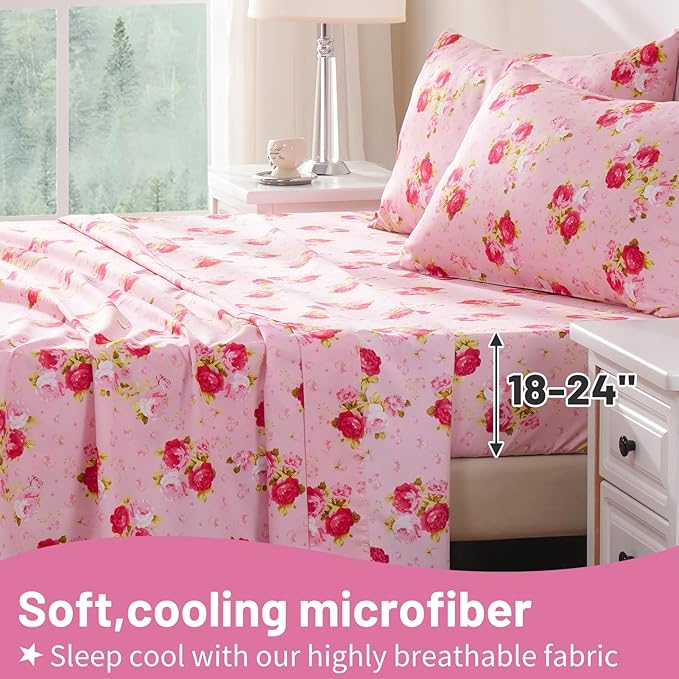 Bedlifes King Size Extra Deep Pocket Sheet Sets - Fits Mattresses Up to 18-24" Thick, 4-Piece Microfiber Set with 1800 Thread Count, Soft, Smooth, Breathable, Featuring Pink Floral Red Rose