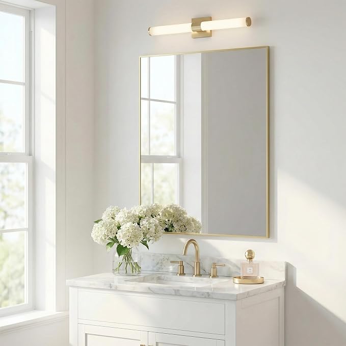 30"x36" Gold Bathroom Mirror for Wall, Shatterproof Tempered Glass, Brass Tone Rectangle Narrow Frame, H/V Wall-Mounted, Ultra-Flush
