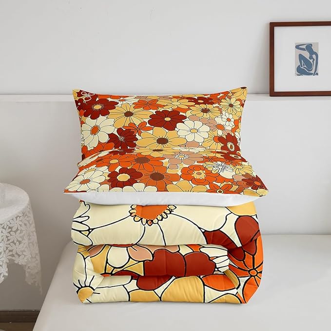 Bohemian Flowers Bedding Set King Size,70s Vintage Floral Comforter Set Room Decor for Couple,Hippie Retro Groovy Botanical Microfiber Down Comforter,2 Pillowcases