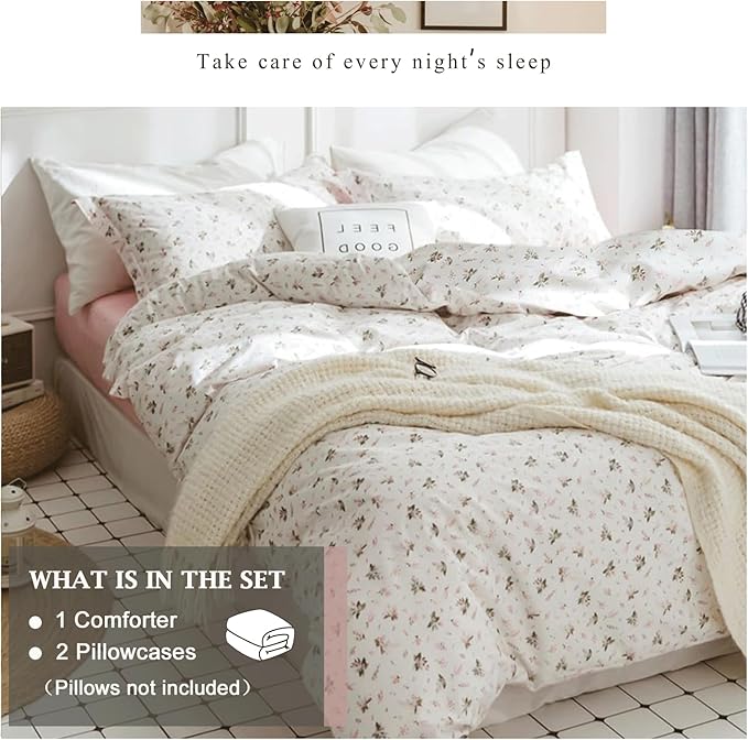 VM VOUGEMARKET Pink Flower Comforter Set Twin 3 Pcs White Farmhouse Floral Botanical Pattern Comforter Set, All Season Soft & Lightweight Comforter for Girls Women 68"x90"