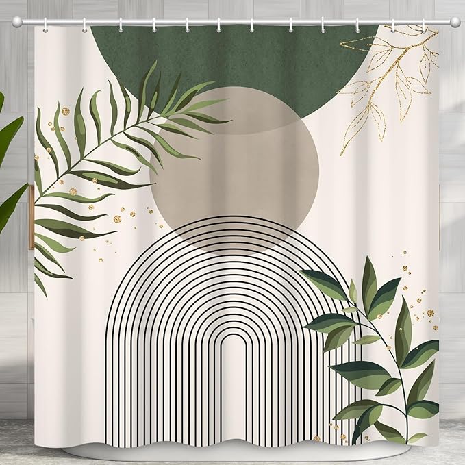Boho Mid Century Shower Curtain, Green Modern Minimalist Abstract Geometric Gold Plant Leaves Sun Arch Bathroom Curtains Waterproof Fabric Buthtub Curtain Set with Hooks 48" Wx72 L