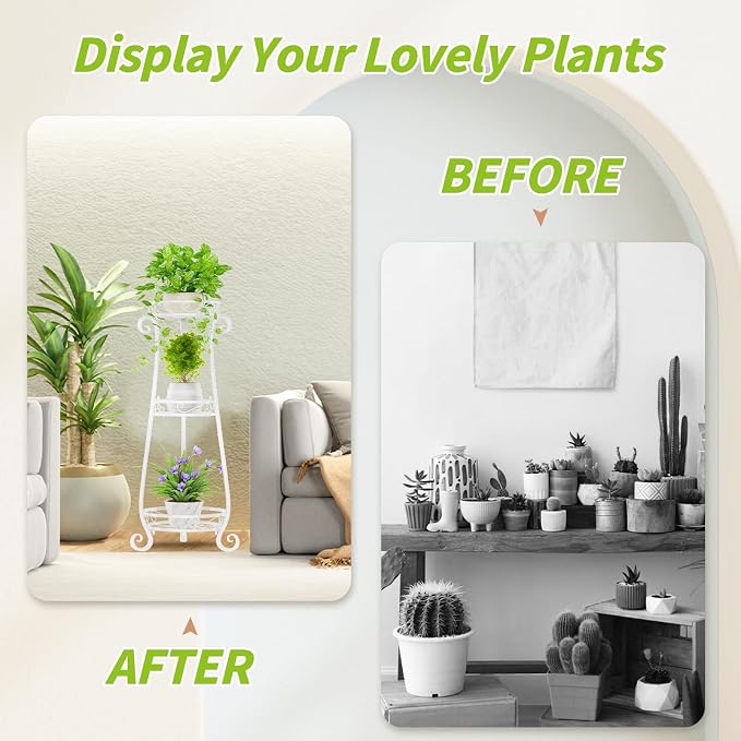 KMOTASUO 3 Tier Metal Plant Stand for Multiple Large Planters Indoor Outdoor Organizer, Heavy Duty Tall Flower Rack for Corner Patio Bathroom Office Corner, Modern Sturdy Vertical Iron Rack, White