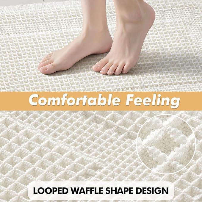 MIULEE Set of 2 Waffle Bathroom Rugs, Boho Bath Rug Super Absorbent, Non Slip Washable Ultra Soft Rubber Backed Shower Bath Mats for Floor, Tub, Shower, Looped Design, White, 17"x24"+18"x30"