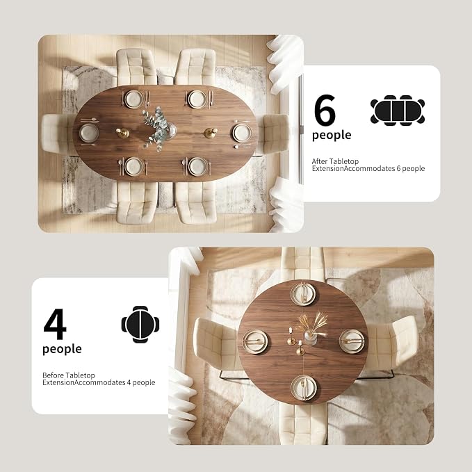 HIPIHOM Modern Round Expandable Dining Table Set for 6, 43.3"-59" Walnut Kitchen Table with 6 PU Leather Chairs, 7-Piece Mid-Century Dining Room Set