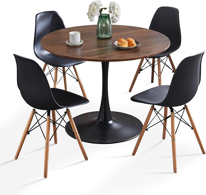 5-Piece Round Dining Table Set,42" Mid-Century Modern Kitchen Table with 4 Chairs,Tulip Pedestal Table & Solid Wood Legs,Space Saving Compact Furniture for Small Spaces Apartment Home,Walnut/Black