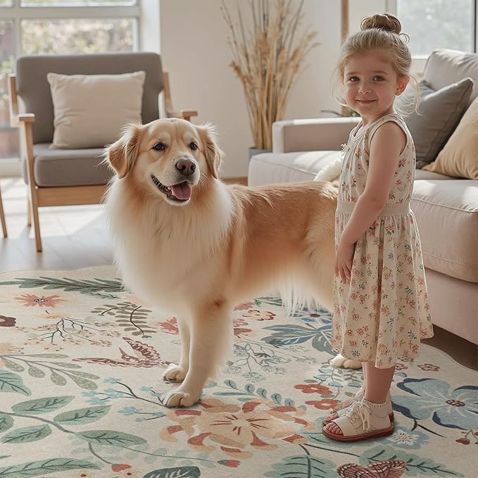 DCX Beige Floral Rug 8x10, Washable Beige Rug for Living Room, Kid & Pet Friendly with Rubber Back Non Slip, Soft Low Pile Carpet, Stain Resistant Rug for Bedroom, Nursery, Dining Room