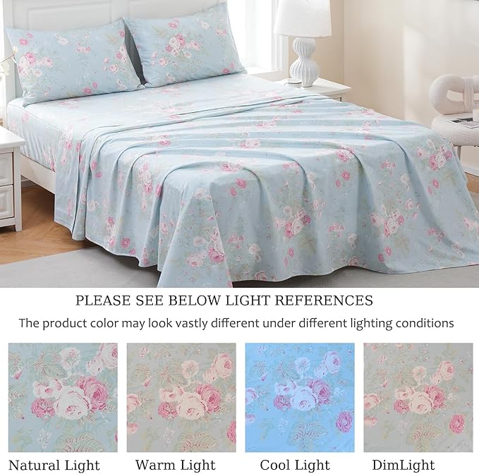 Zusbest Blue Floral Sheets Set King Size 100% Cotton Pink Flowers Bed Sheet Shabby Vintage Chic Bedding Romantic Pastoral Style Original Design Soft Luxury Deep Pocket Fitted Sheet 17.5'', 4 Pcs