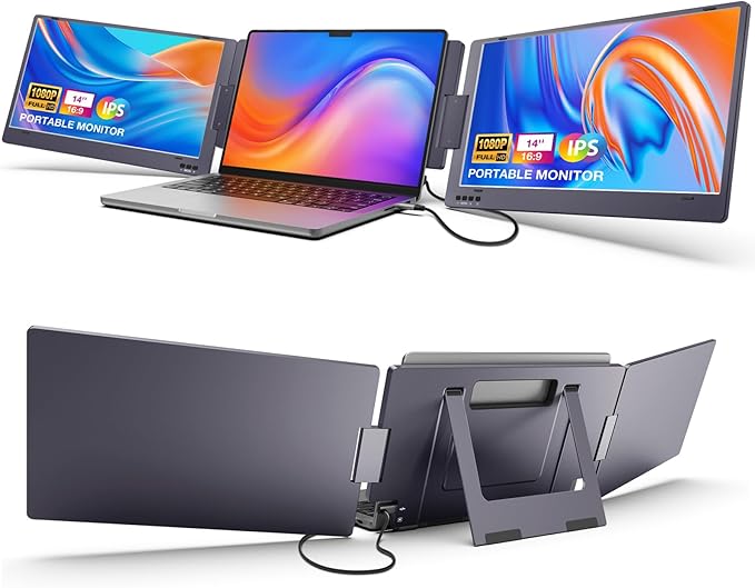 KYY 14" Portable Triple Monitor for Laptop, Laptop Screen Extender with Full HD IPS Display, Computer Extended Monitor Compatible with Mac, Windows, Chrome, Fits 12-16 Inch Laptops