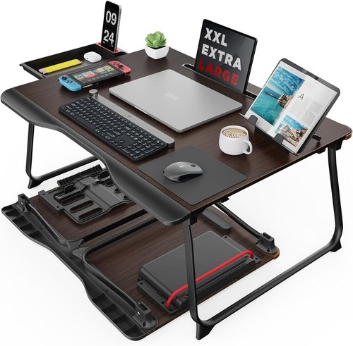 SAIJI XX-Large Laptop Desk - Foldable Bed Tray Table with Storage Drawer & Handrest | Black Cherry