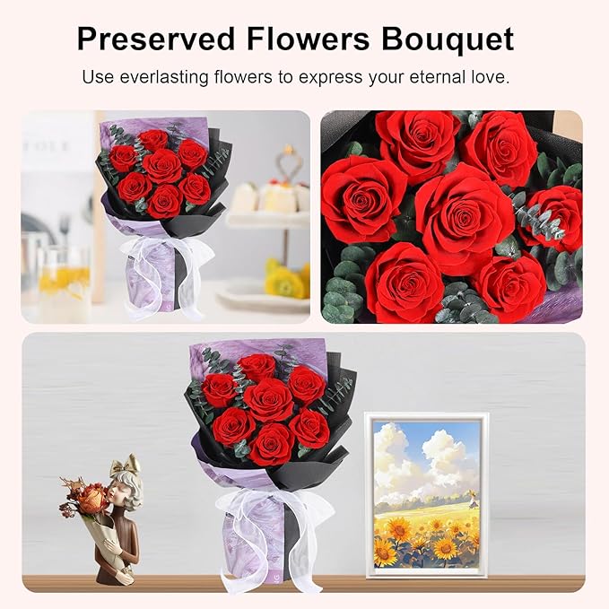 Preserved Flowers Bouquets 7 Roses, Long-Lasting Flower with Gift Box, Real Forever Flower Gifts for Delivery Women Wife Mom Friend on Anniversary Birthday Wedding (Red Roses)