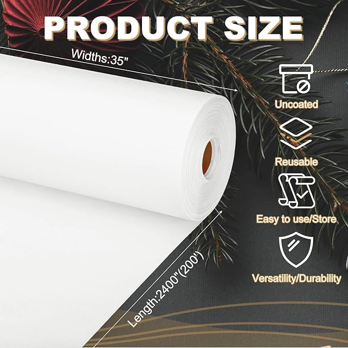 PATIKIL Wrapping Paper, 35"x2400"(200') Bulletin Board Paper Roll Kraft Paper Roll Construction 80GSM for Shipping Packing Gift Wrapping Craft Flower Bouquet Christmas, White