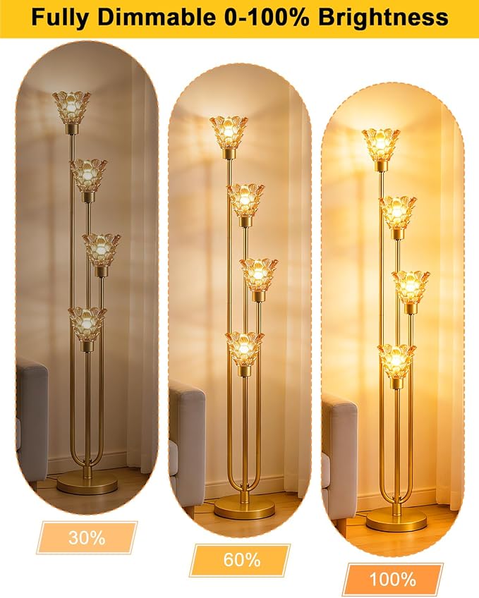 Lightdot Glass Floor Lamp Dimmable 4-Lights Gold with Amber Glass Shade 3000K Bulbs Included Mid Century Modern Standing Tall Lamp with 5Lbs Heavy Base for Living Room/Bedroom/Sofa Beside/Corner Decor